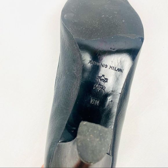 ANTONIO MELANI Black Leather Square Toe Heeled Loafers with Chain Detail - Picture 6 of 7